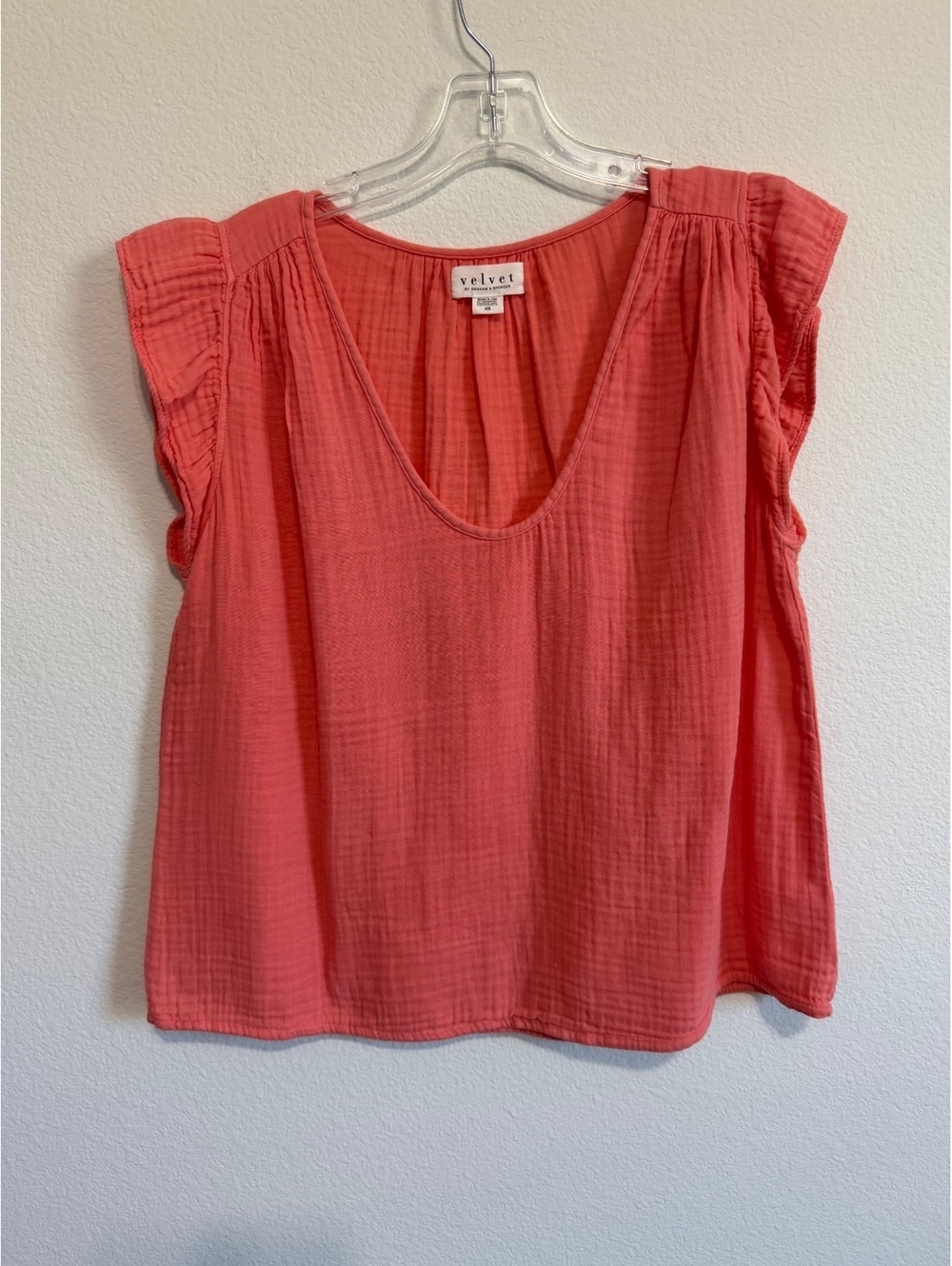 Velvet by Graham&Spencer Short Flutter Sleeve V-Neck Gauze Cotton Blouse Size XS